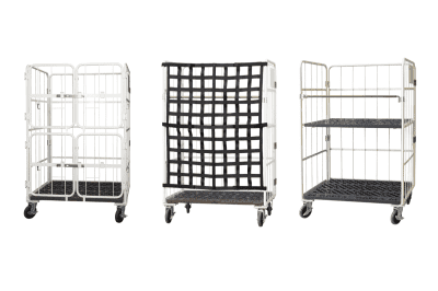 上下観音扉付きカゴ台車(左) コボサンクス(中) 中間棚付きカゴ台車(右)