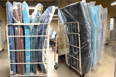 カゴ台車用仕切りパイプでマットレス保管