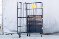 【販売終了】【中古】観音扉付きカゴ台車　W1050×D1050×H2100　ネイビー　床板鉄製（フェルト生地付き）