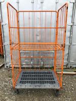 【販売終了】【中古】カゴ台車　跳ね上げ式中間棚付き　W1100×D800×H2000　イエロー・オレンジ