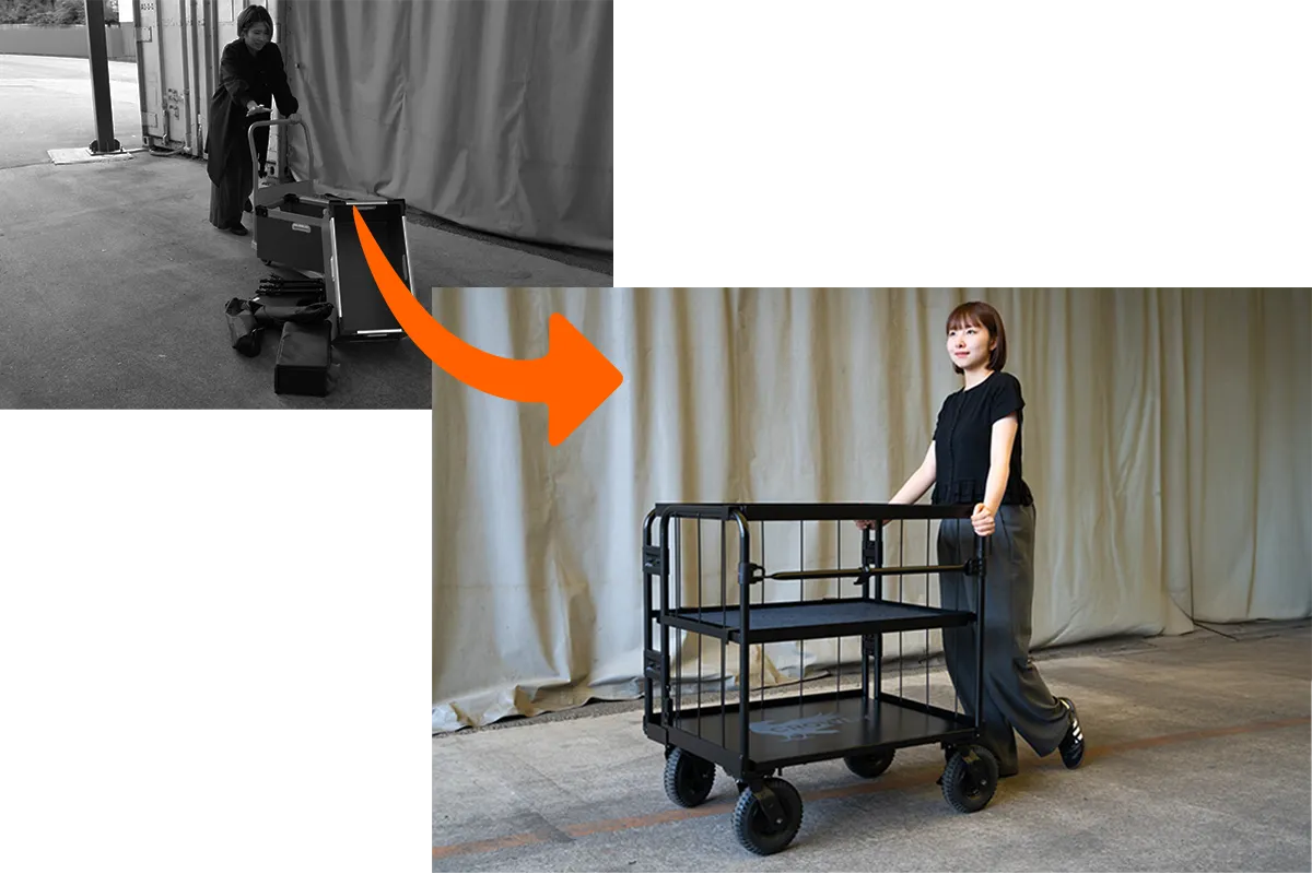 機材を安全に運搬可能な3面囲い設計